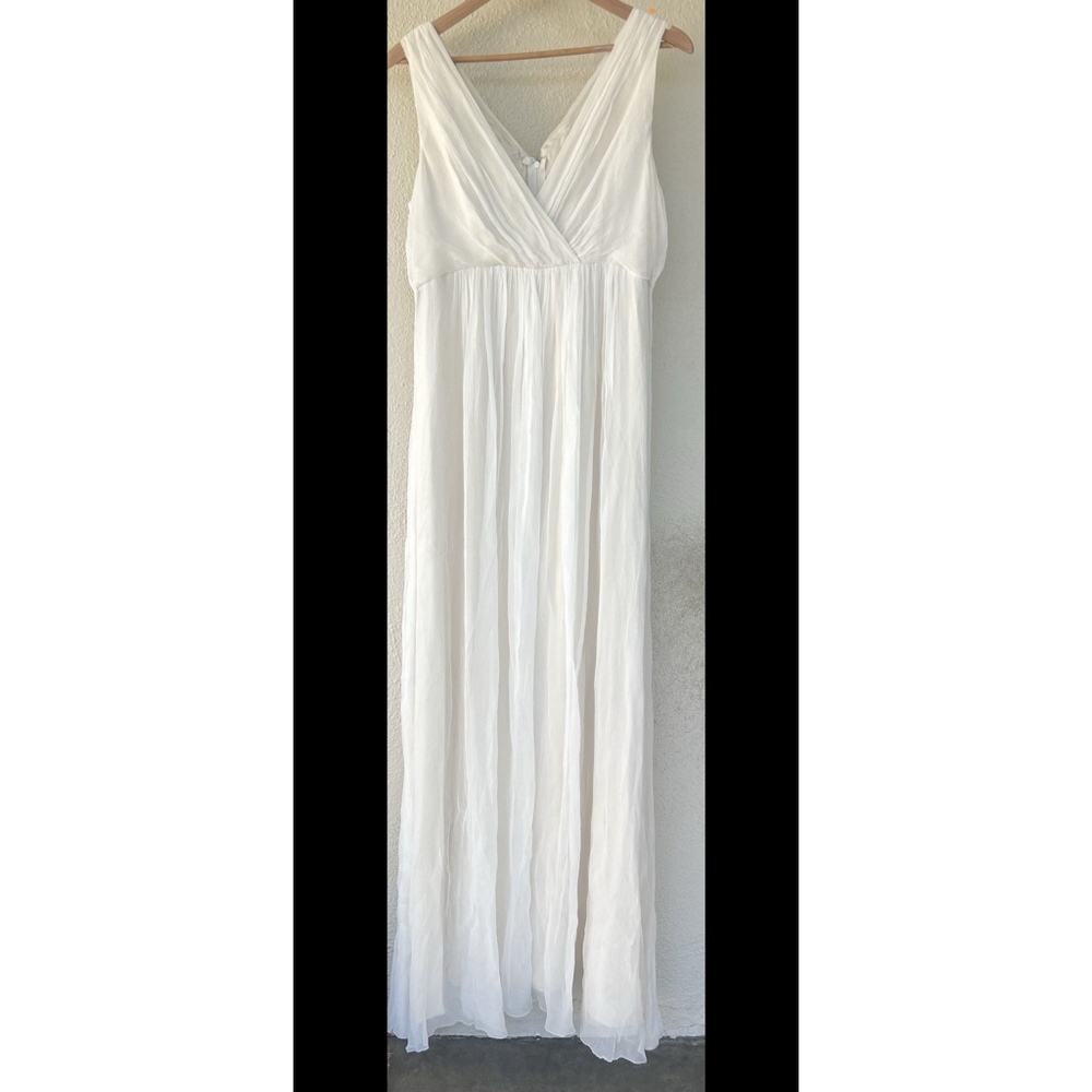 Vintage White Silk Maxi Dress S Empire Waist Flowy Goddess Bridal Fairy Wedding